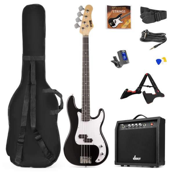 MAX GigKit E-Bass Gitarren Starter-Set mit 40W Verstärker - Schwarz